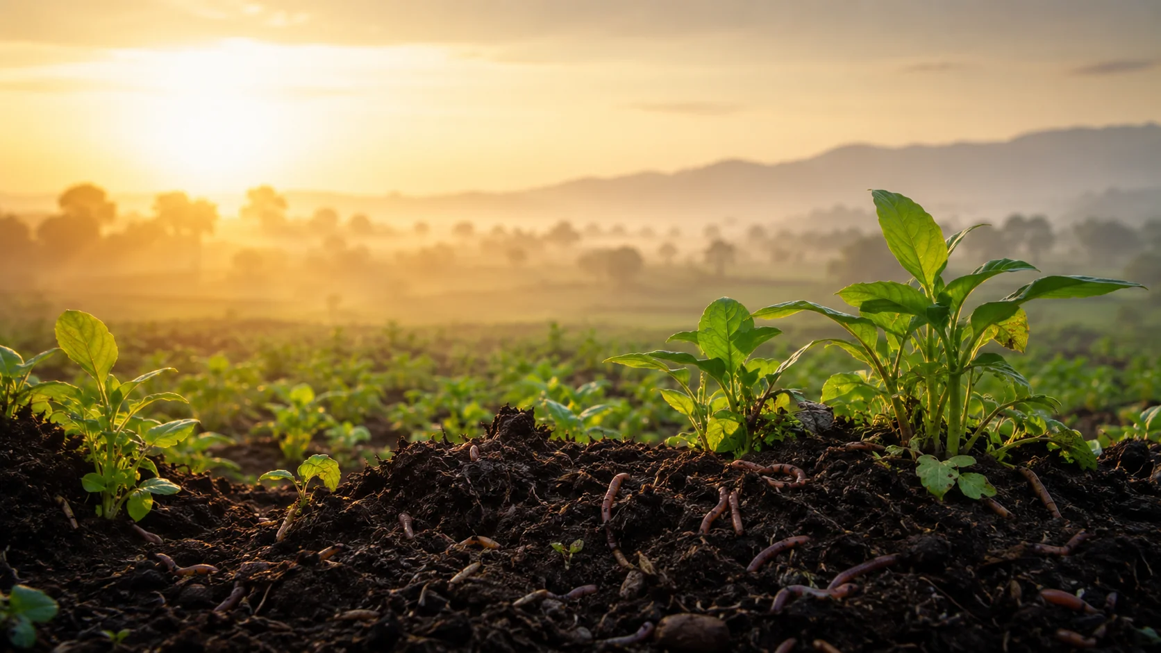 Sunrise over organic soil with seedlings and earthworms