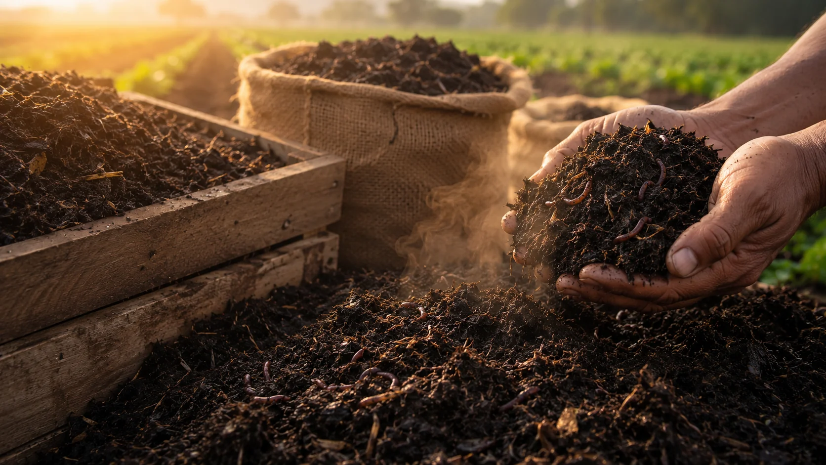 Hands holding rich vermicompost with earthworms