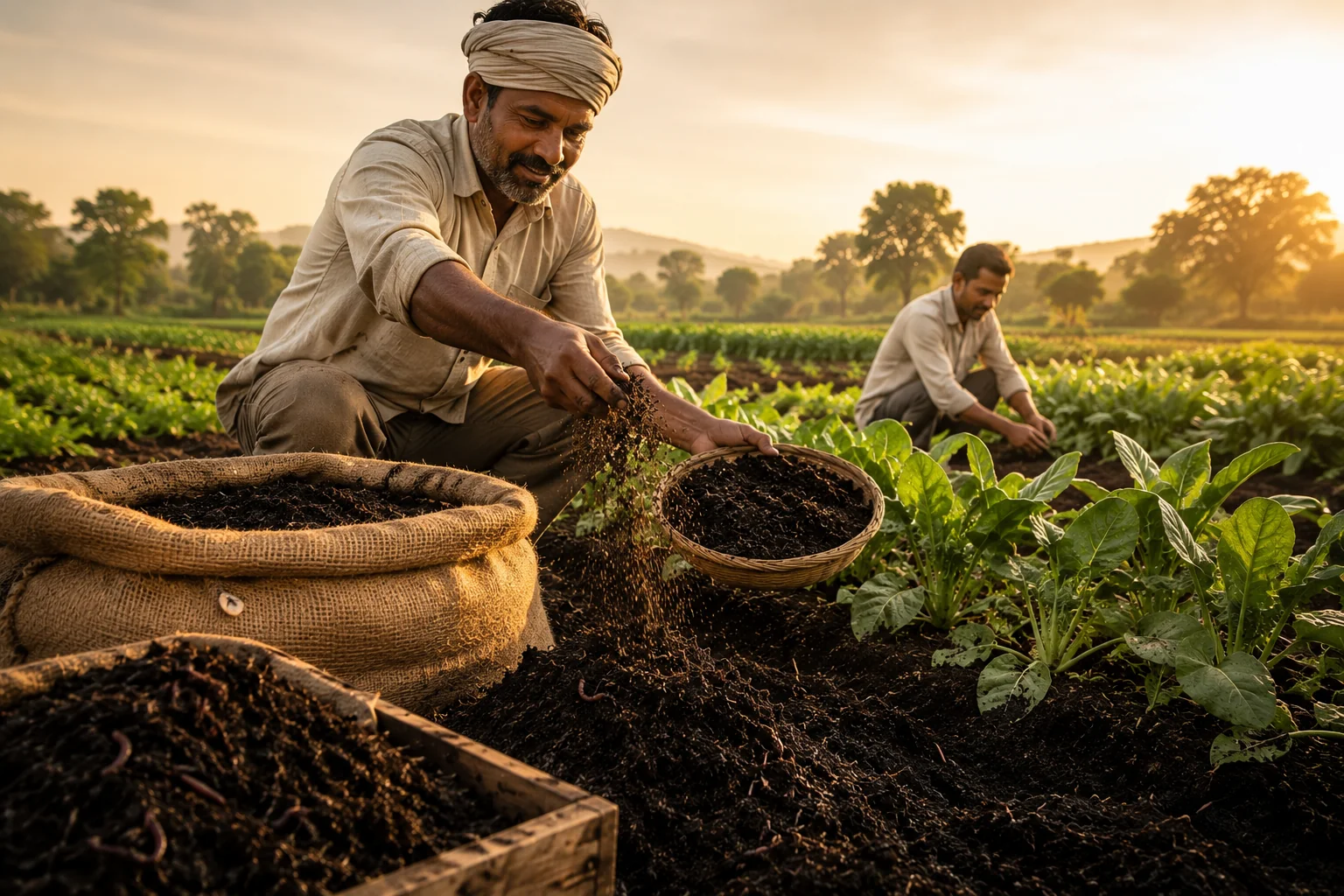 Farmer applying vermicompost in lush green field at golden hour
