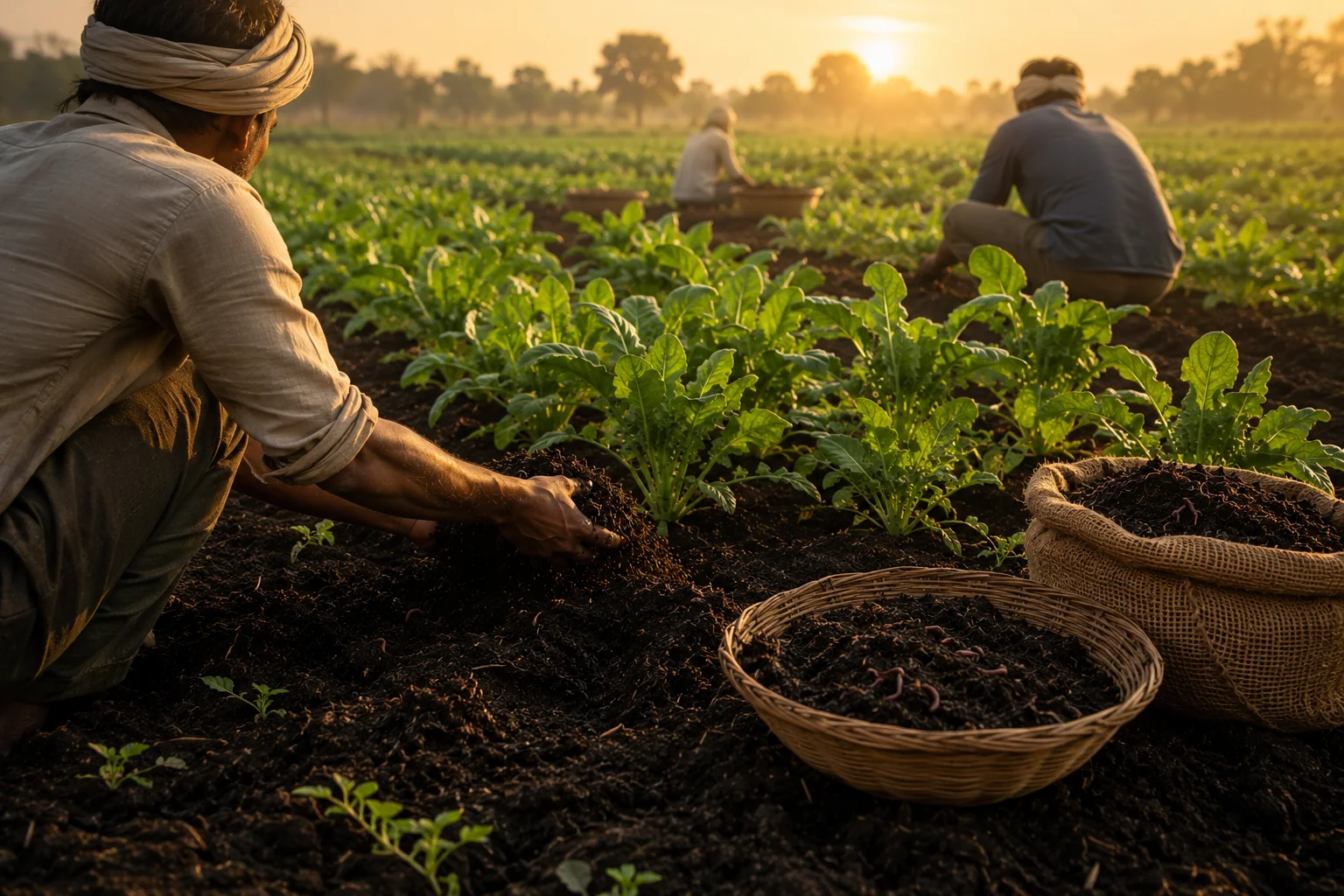 Workers tending crops at sunset with baskets of vermicompost